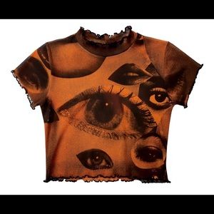 Eyes Mesh Crop Top Mock neck Orange